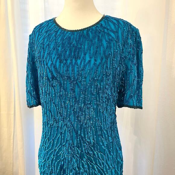 Vintage Laurence Kazar Sequin Sheath Dress L Silk Blue Beaded Party Costume 80s - Picture 3 of 16